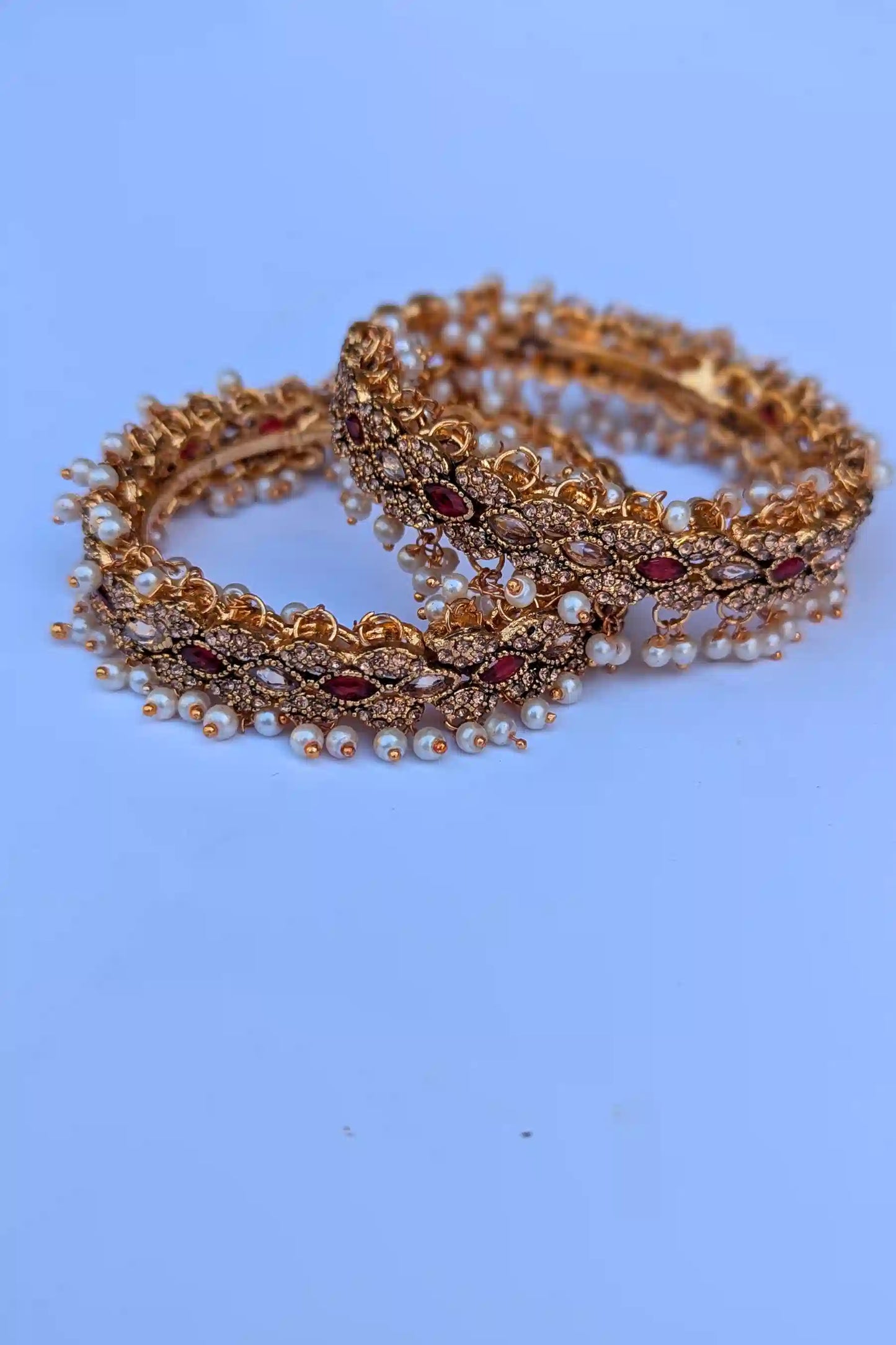 Red Stone Karray with Pearl Drops – 2 Piece Bangle Set