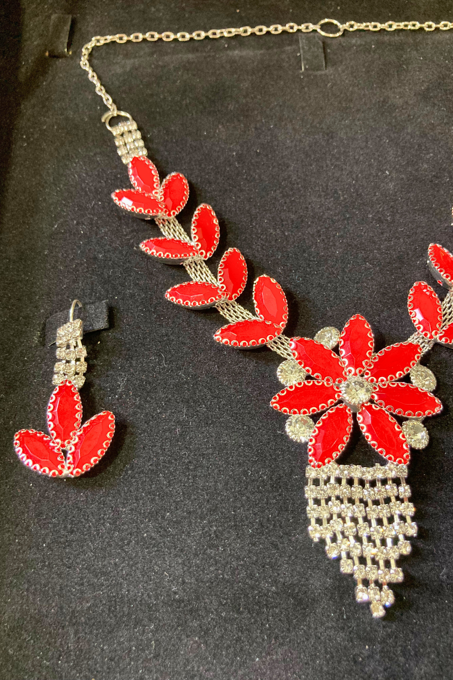 Dazzling Red Floral Necklace and Earrings Set