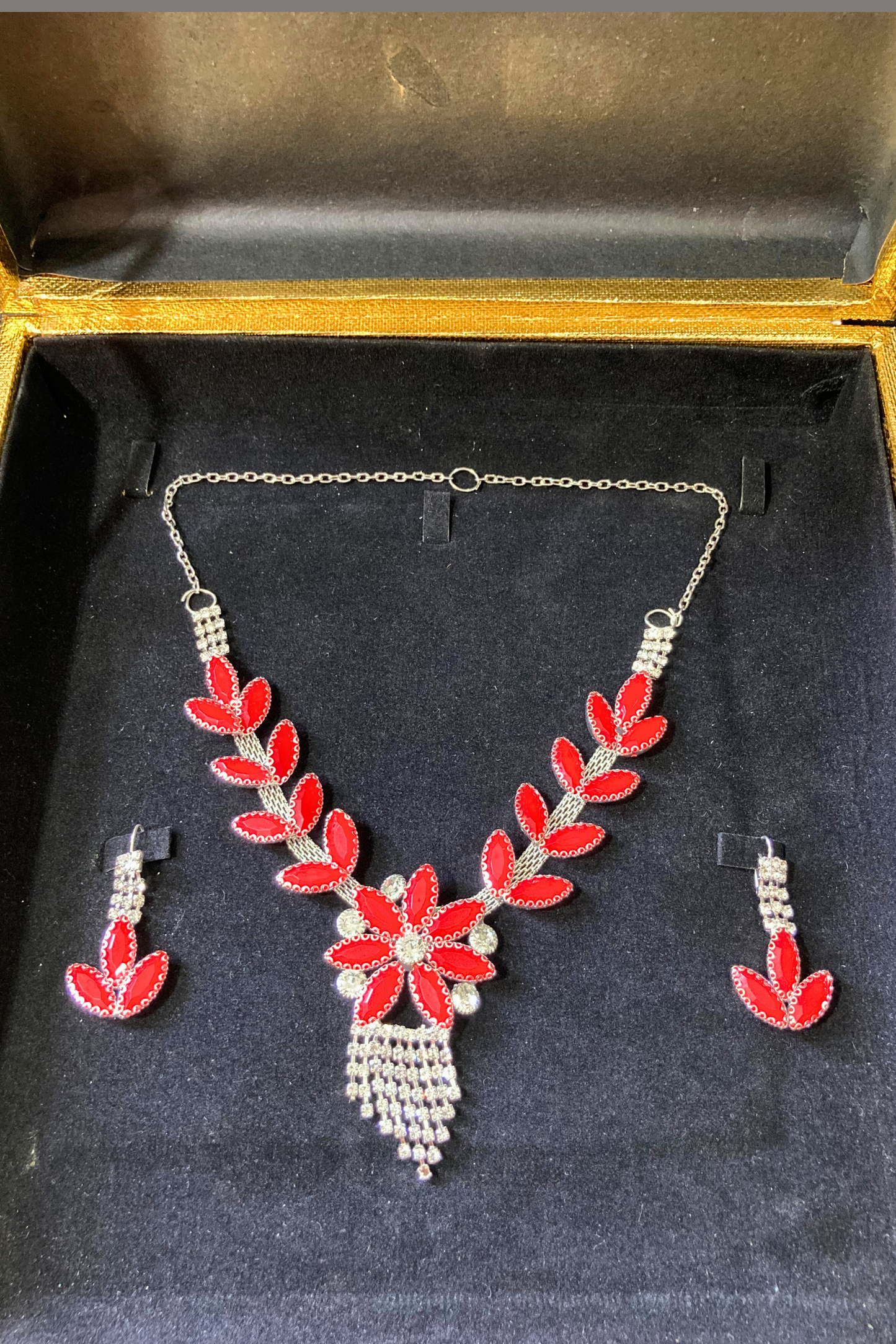 Dazzling Red Floral Necklace and Earrings Set