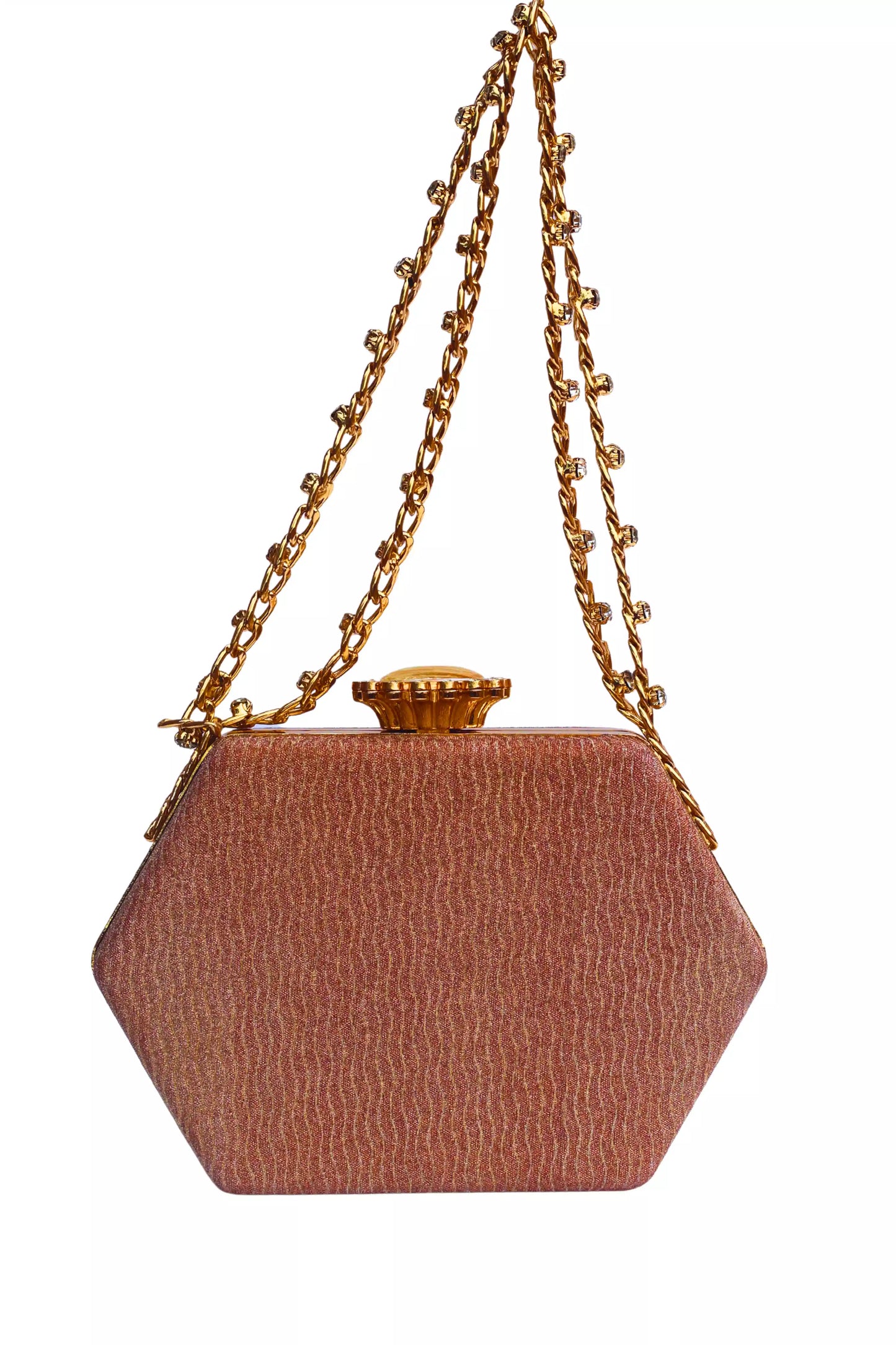Hexagonal brown clutch bag with gold chain strap on a white background