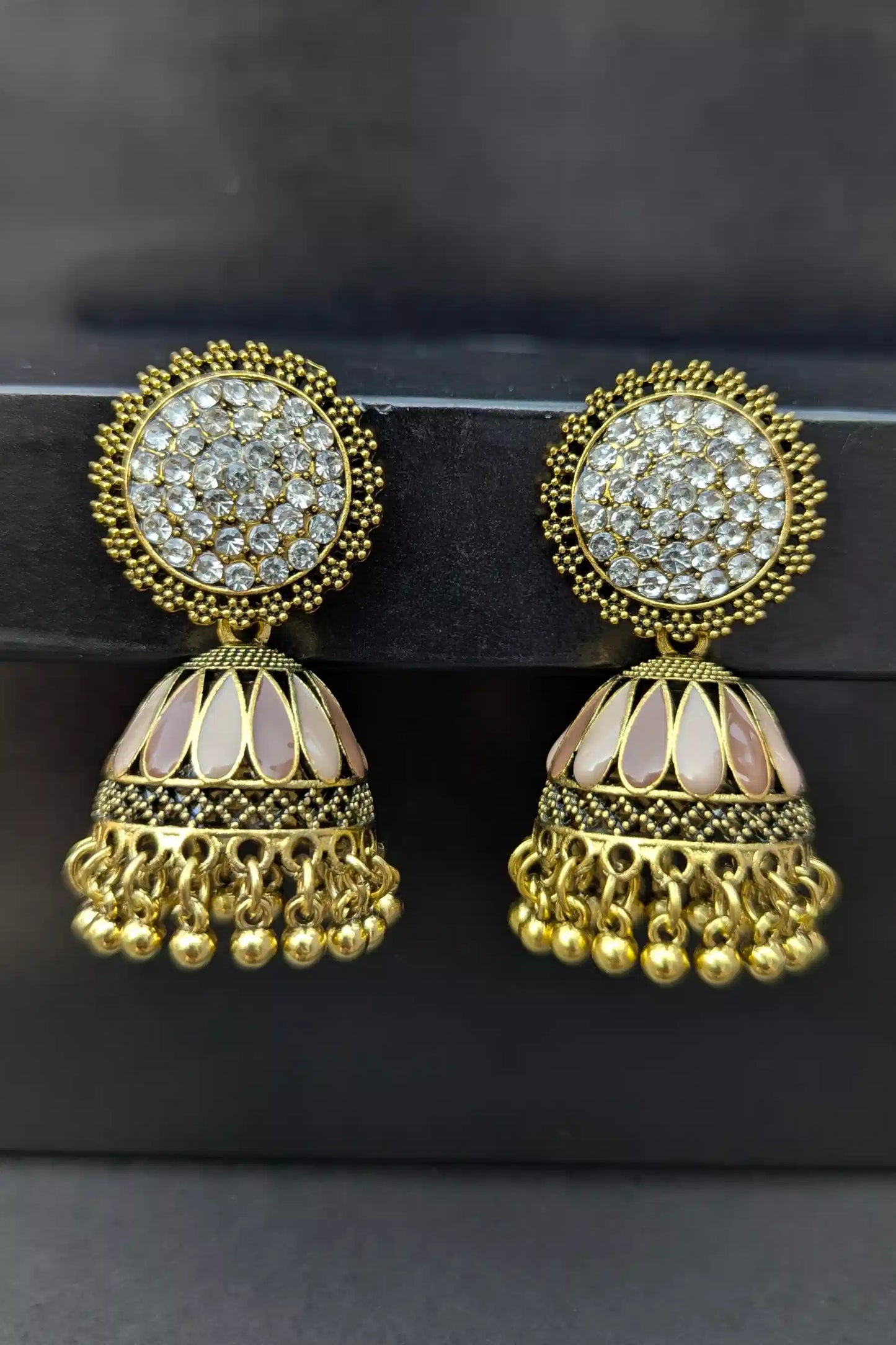 Golden and Champagne Jhumkay for Girls – Traditional Earrings with White Pearl Detailing
