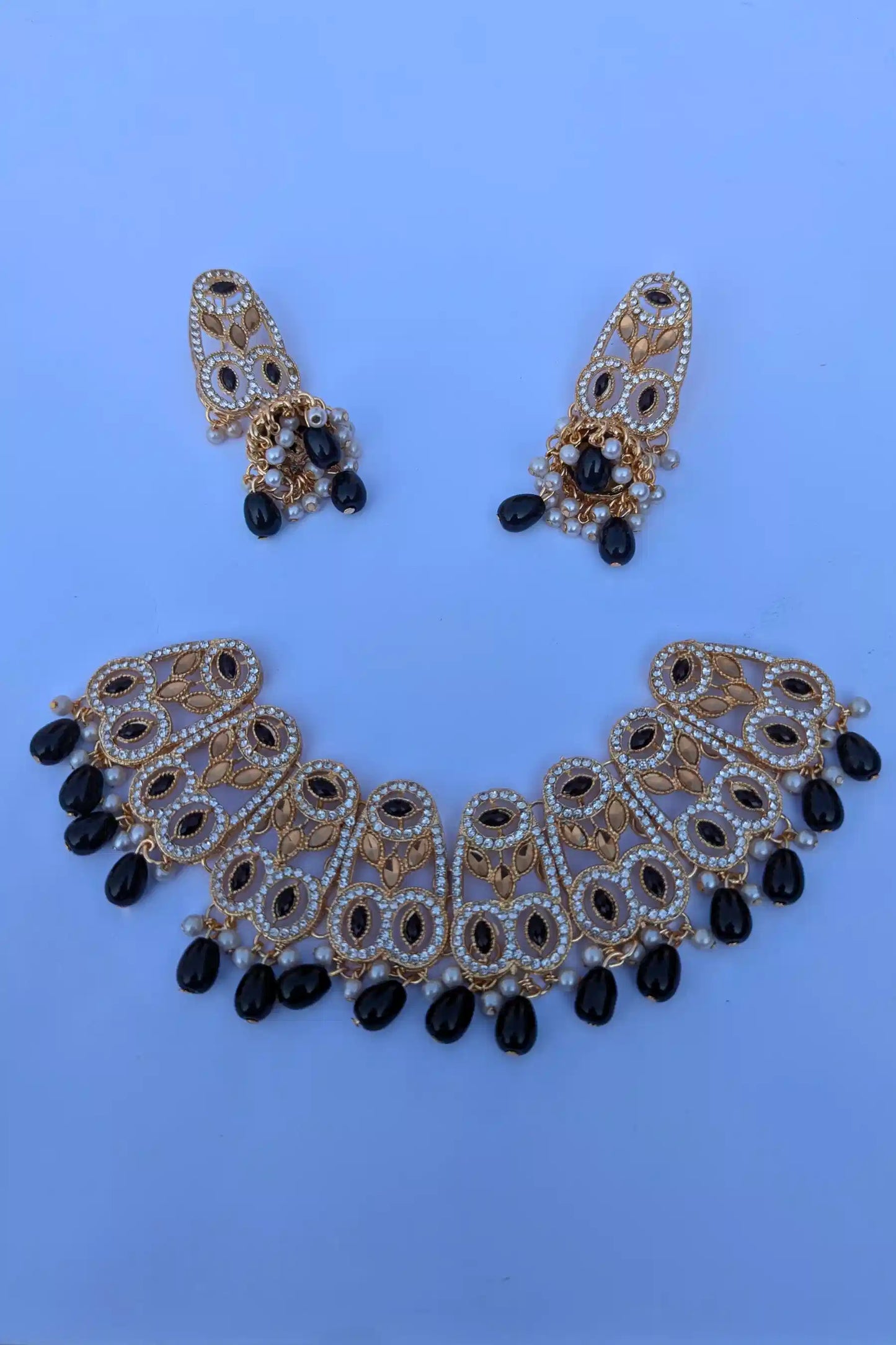 Elegant Black Beads Necklace Set With Matching Jhumka Earrings