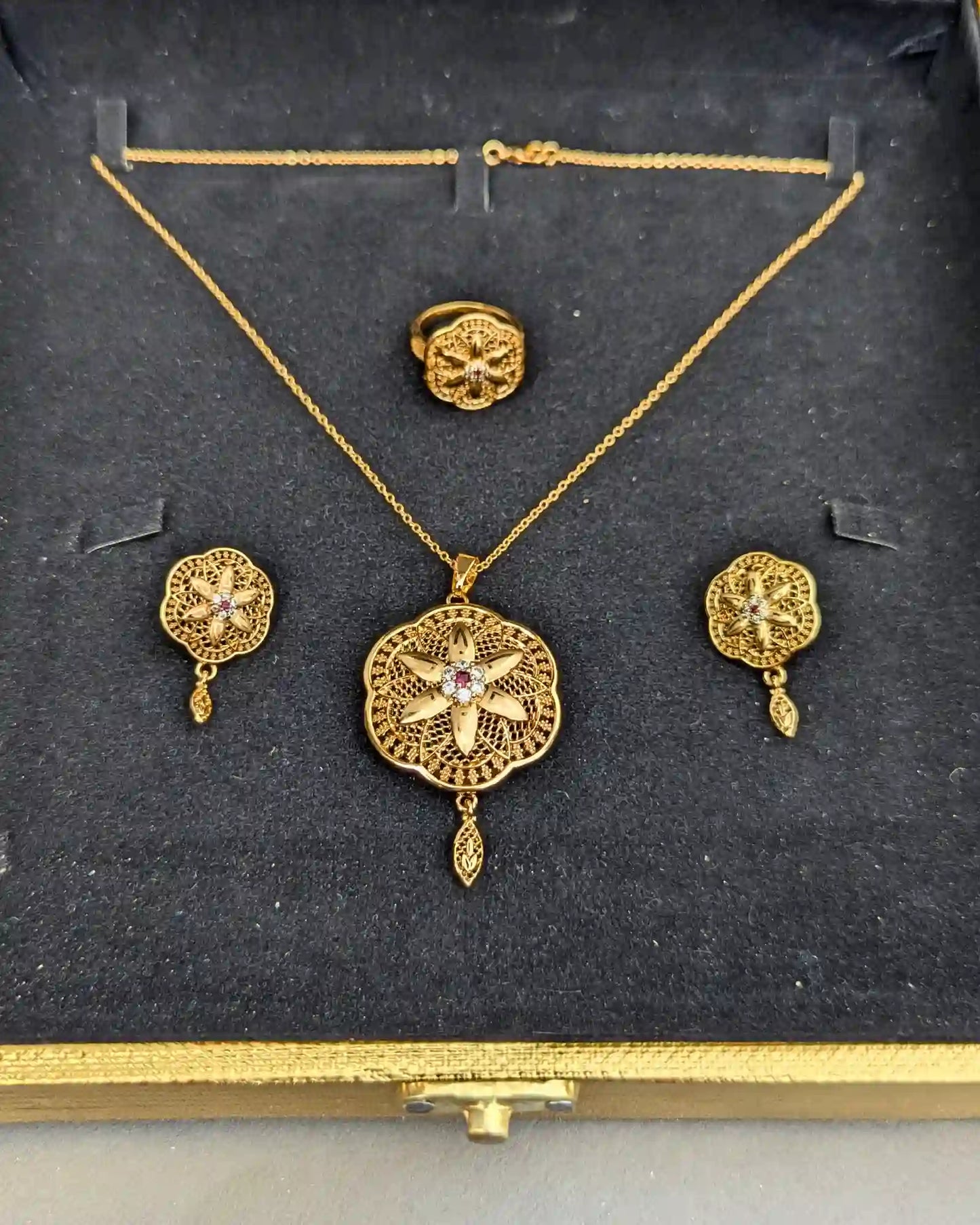 Golden Color Locket Set with Earrings and Ring – Jewelry for Women