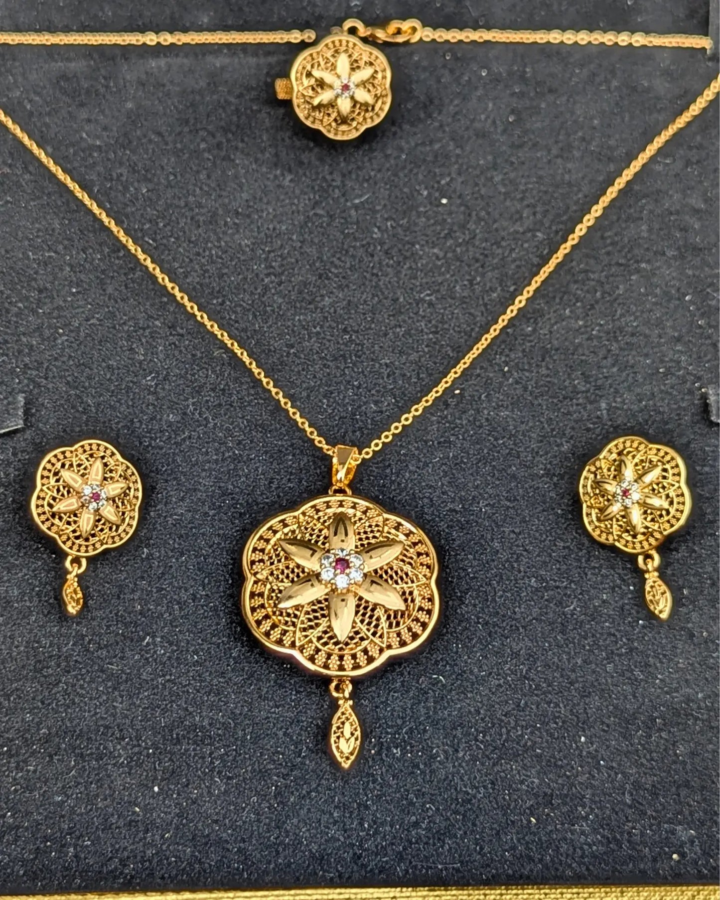 Golden Color Locket Set with Earrings and Ring – Jewelry for Women