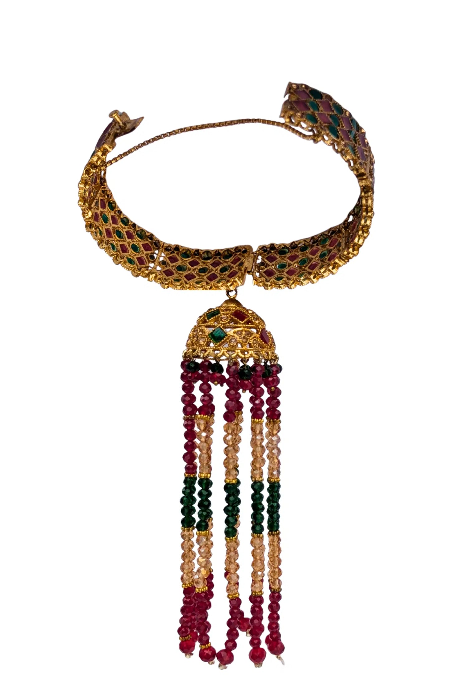 Decorative karra with tassel beads and gemstones on a white background