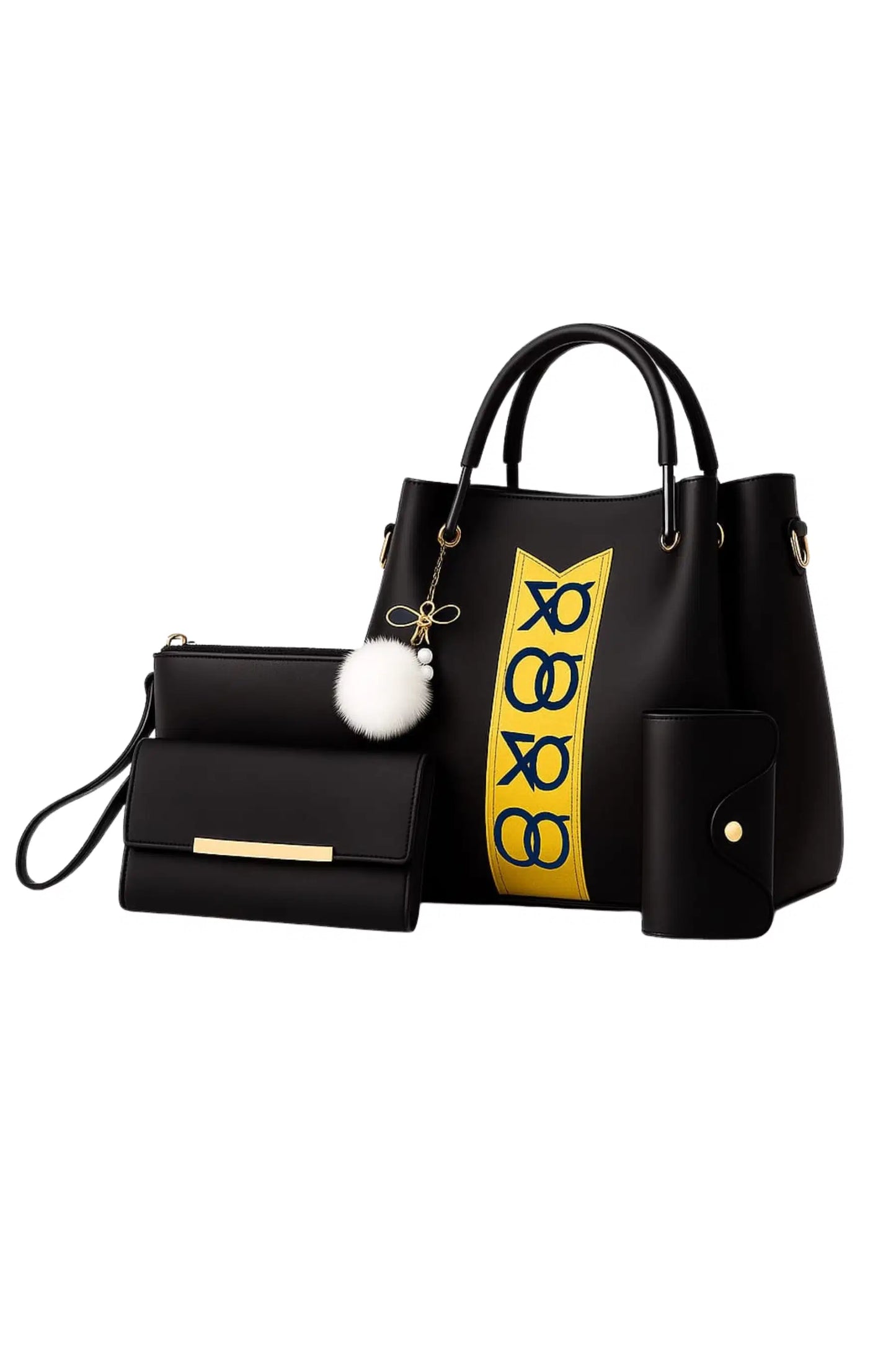Black handbag with yellow text and smaller black pouch on a white background