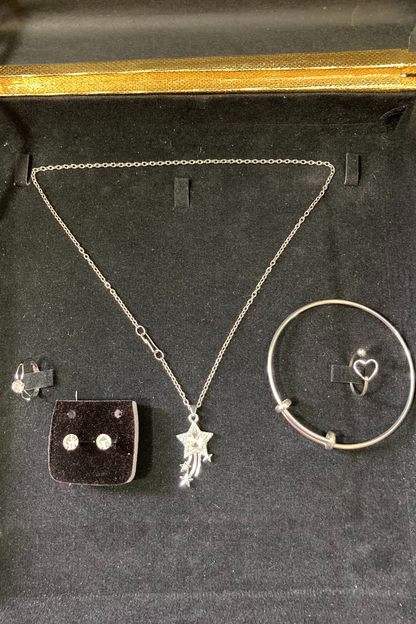 Complete Jewelry Set - Earrings, Karra, Locket and Heart shape Couple Rings -Silver