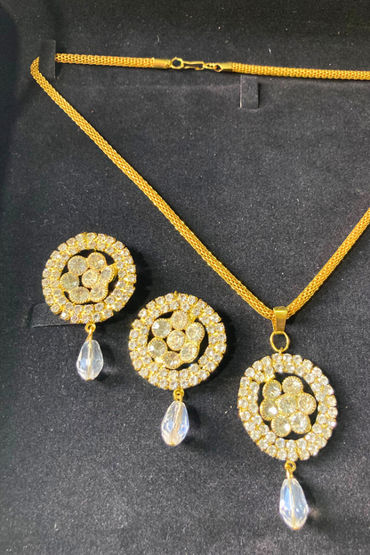 Golden Necklace and Earrings Set with White Stone Accents