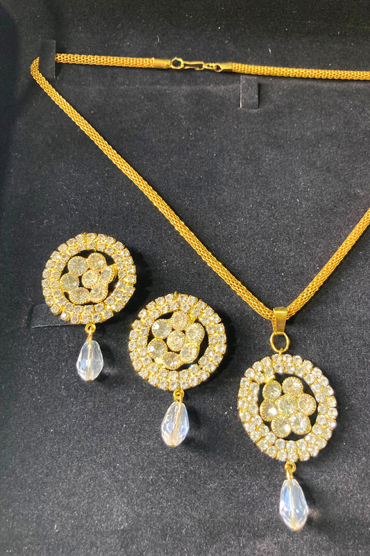 Golden Necklace and Earrings Set with White Stone Accents