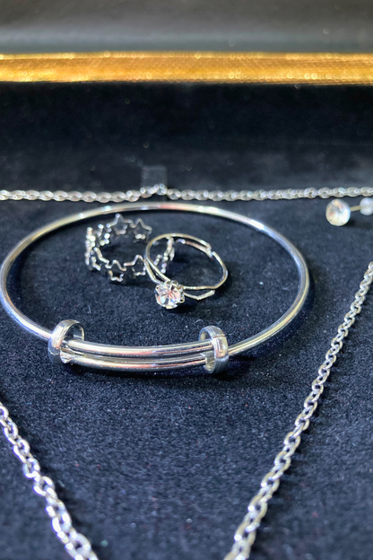 Complete Jewelry Set - Earrings, Karra, Locket and Heart shape Couple Rings -Silver