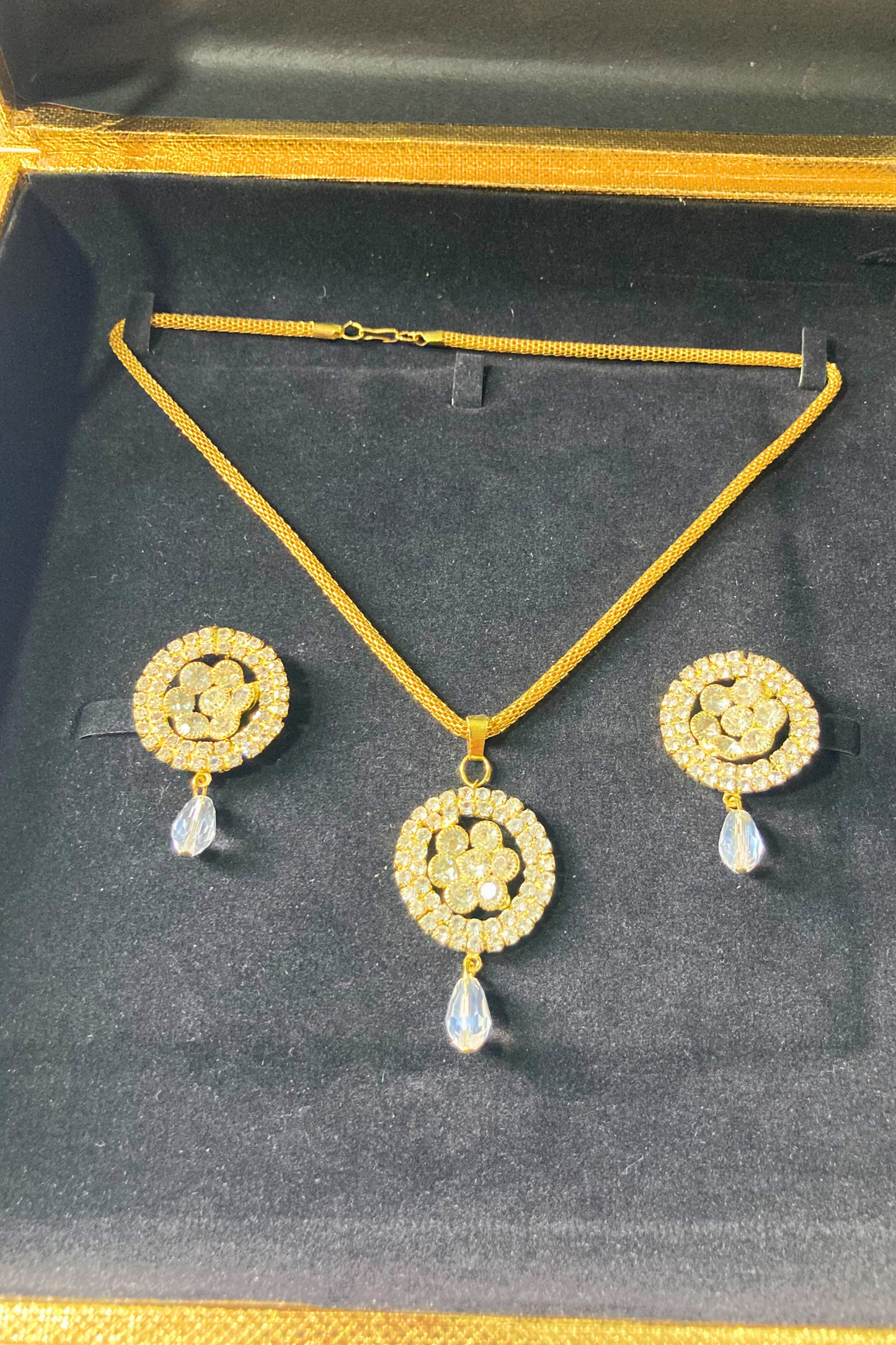 Golden Necklace and Earrings Set with White Stone Accents