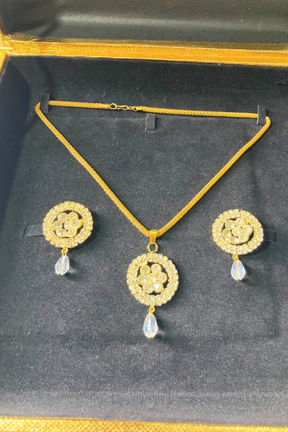 Golden Necklace and Earrings Set with White Stone Accents