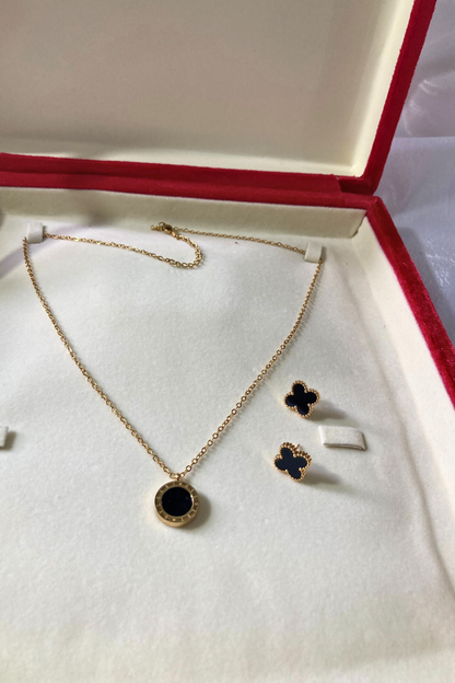 Stylish Black Pendant and Clover Earring Set for Girls and Women