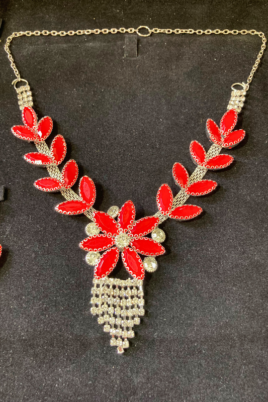 Dazzling Red Floral Necklace and Earrings Set