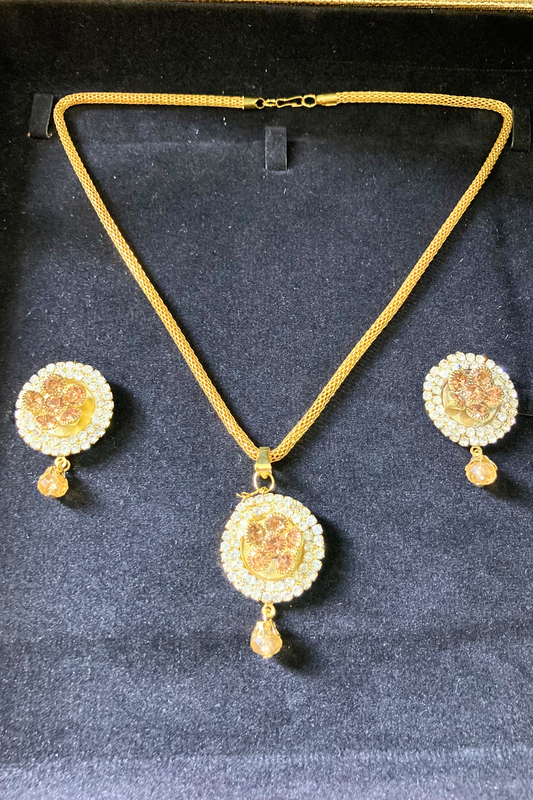 Golden Necklace and Earrings Set with Tan Stone Accents