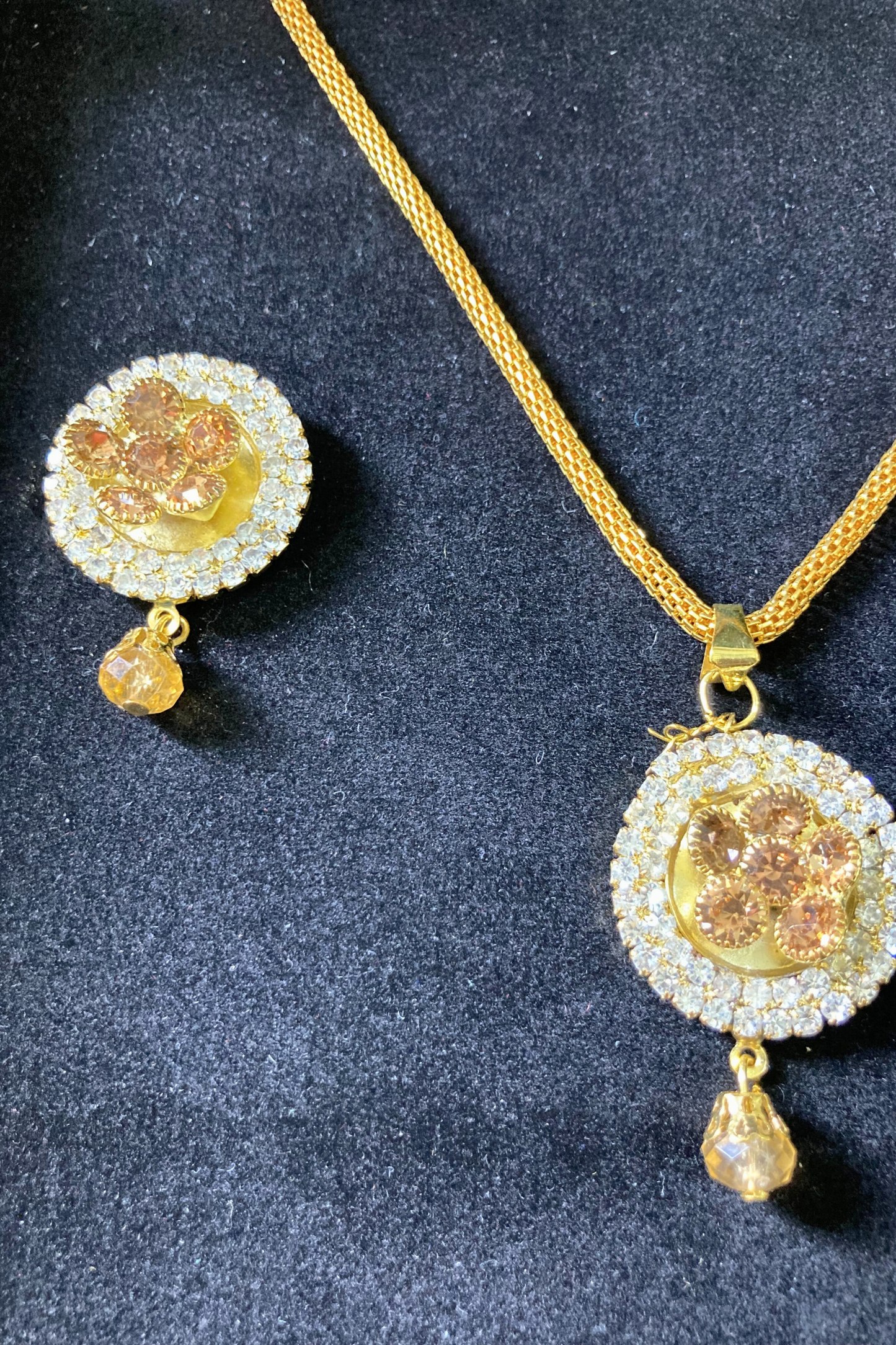 Golden Necklace and Earrings Set with Tan Stone Accents
