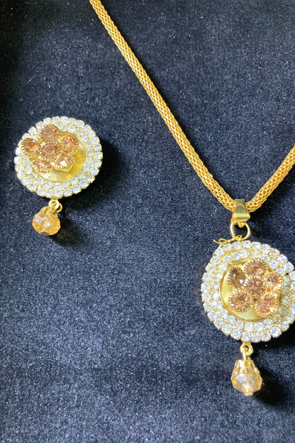 Golden Necklace and Earrings Set with Tan Stone Accents