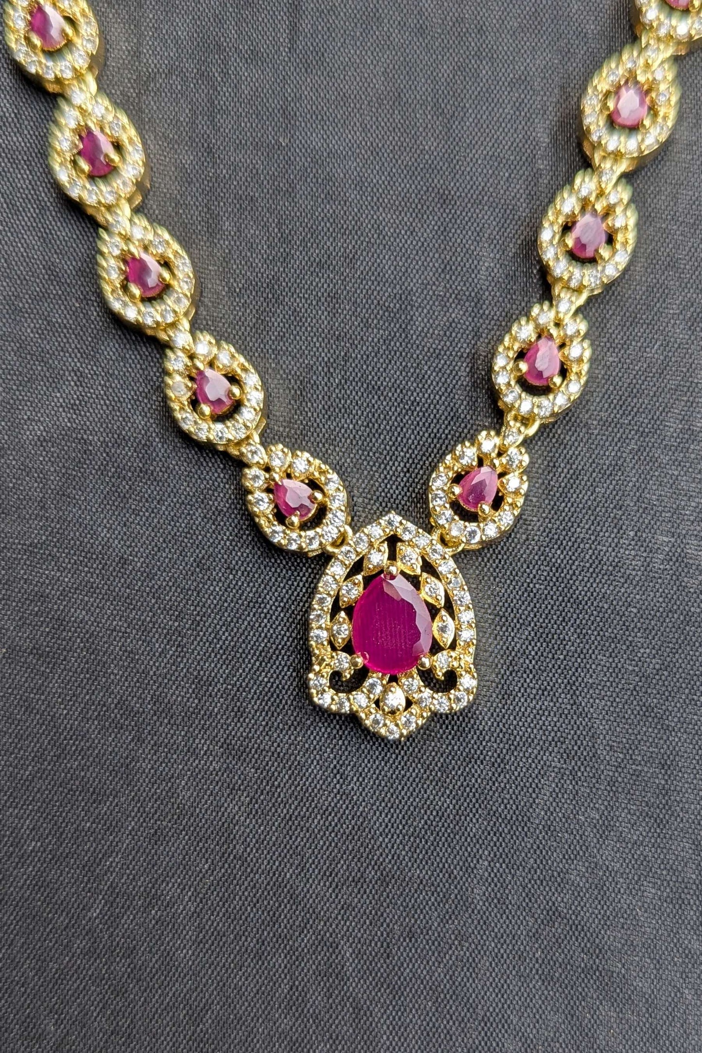 Golden Necklace and Earrings Set with Deep Red Stones - NKL 132