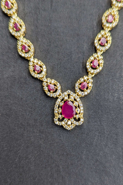 Golden Necklace and Earrings Set with Deep Red Stones - NKL 132
