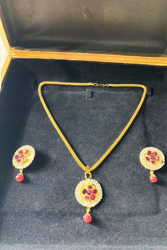 Golden Pendant Necklace and Earrings Set with Red Stone Accents