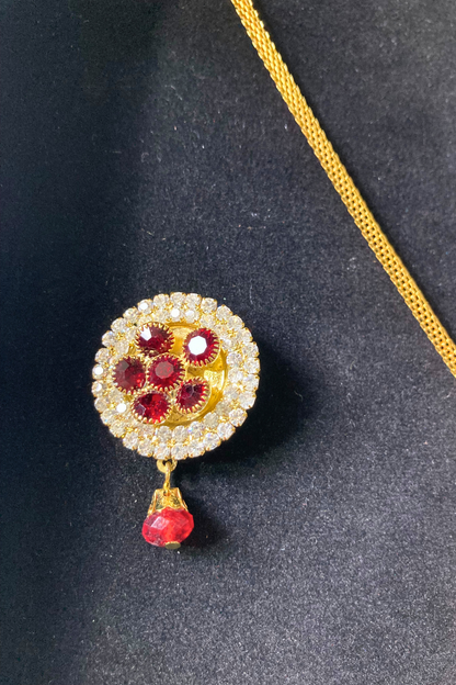Golden Pendant Necklace and Earrings Set with Red Stone Accents