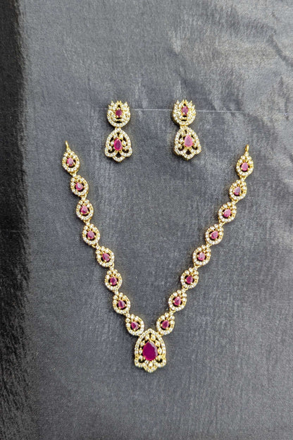 Golden Necklace and Earrings Set with Deep Red Stones - NKL 132