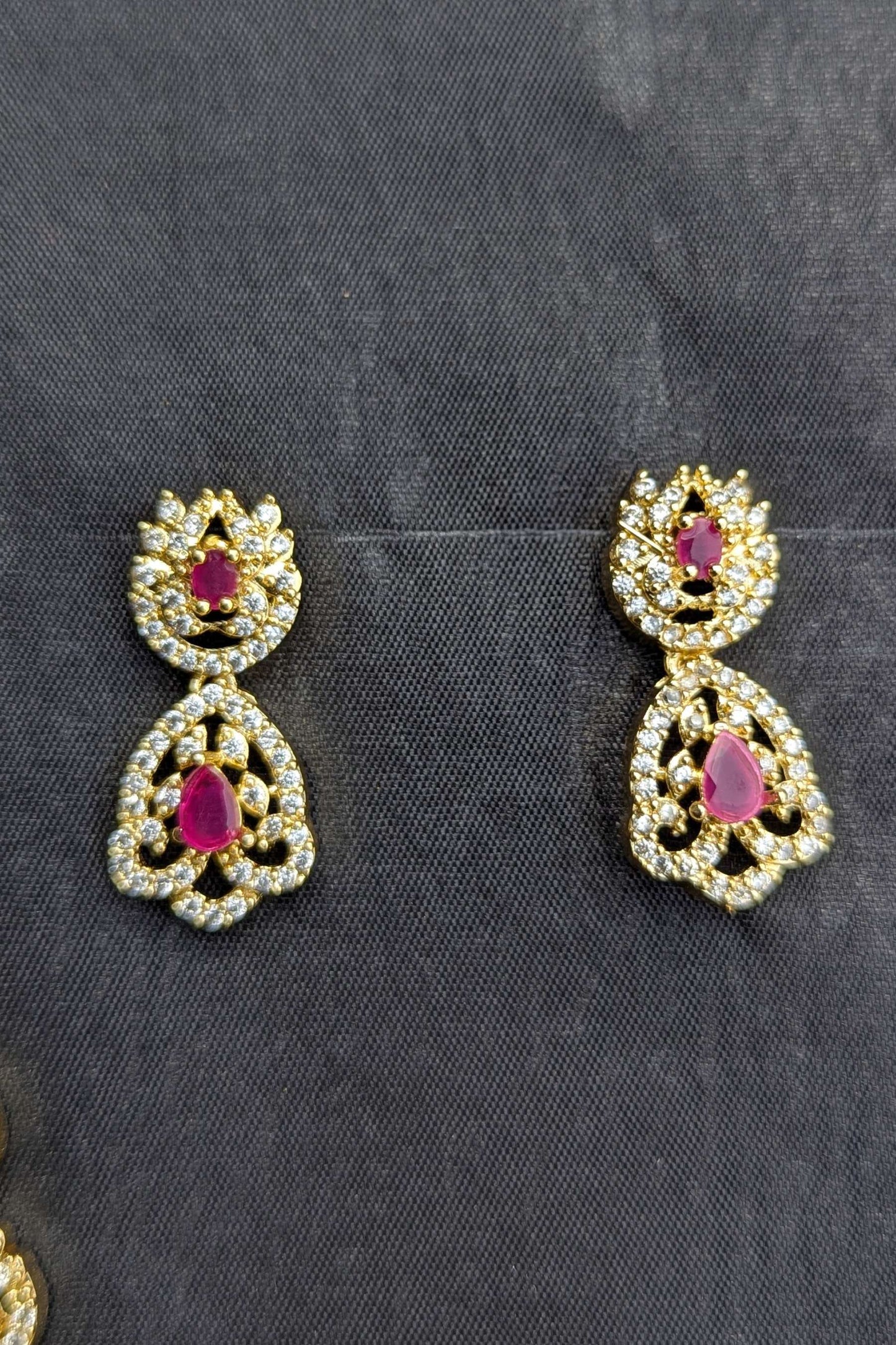 Golden Necklace and Earrings Set with Deep Red Stones - NKL 132