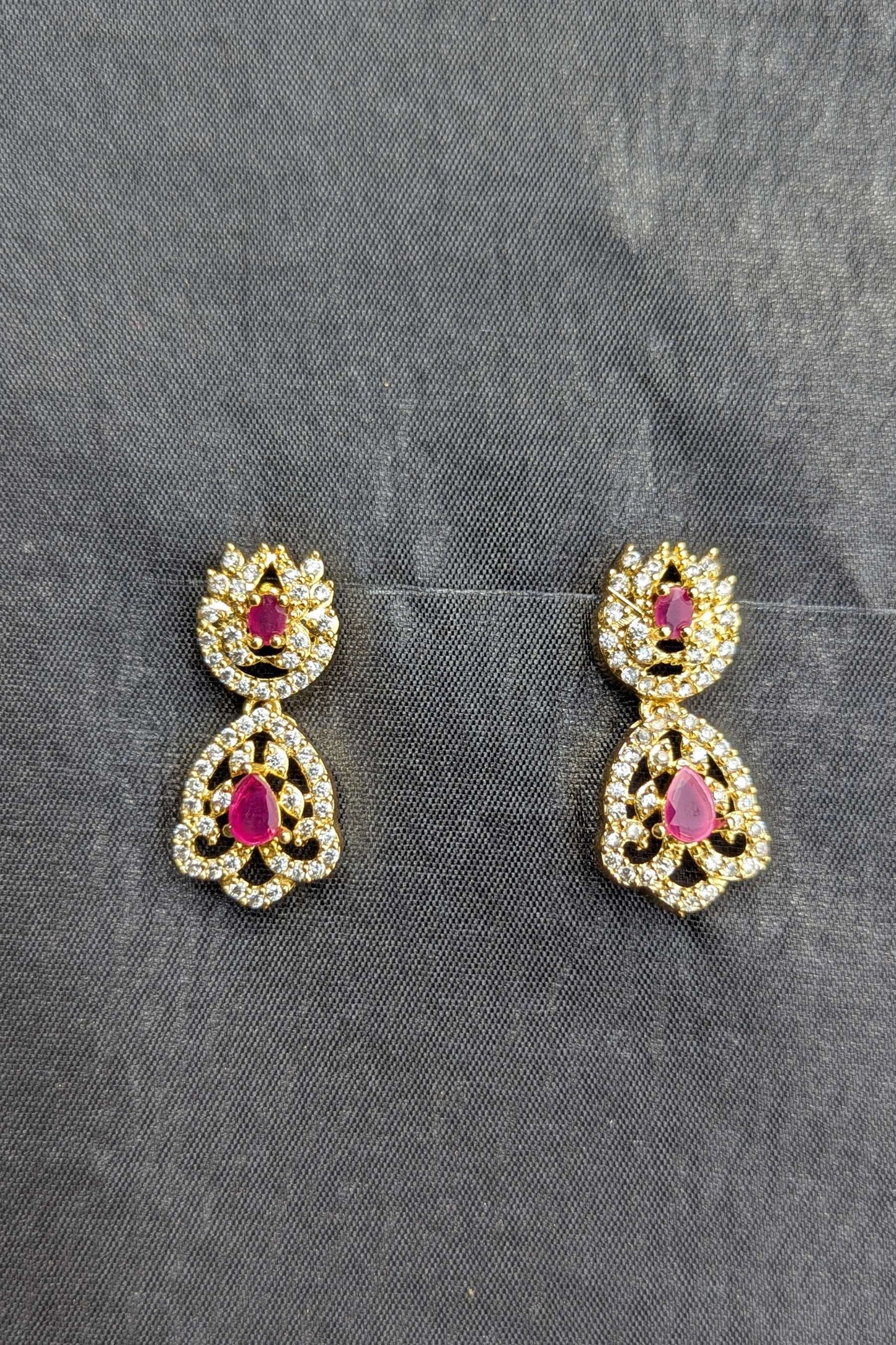 Golden Necklace and Earrings Set with Deep Red Stones - NKL 132