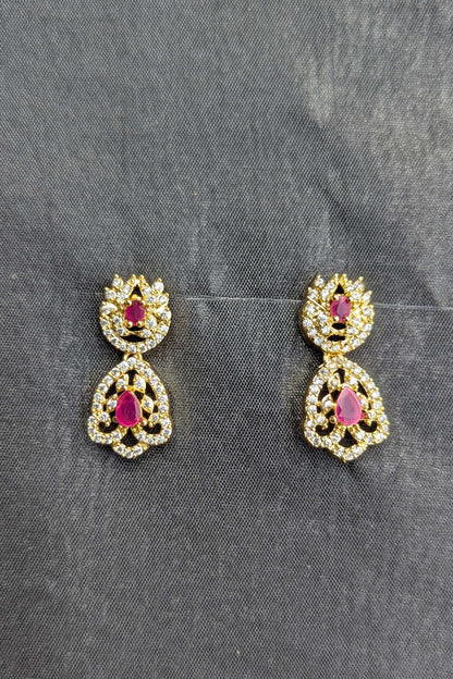 Golden Necklace and Earrings Set with Deep Red Stones - NKL 132