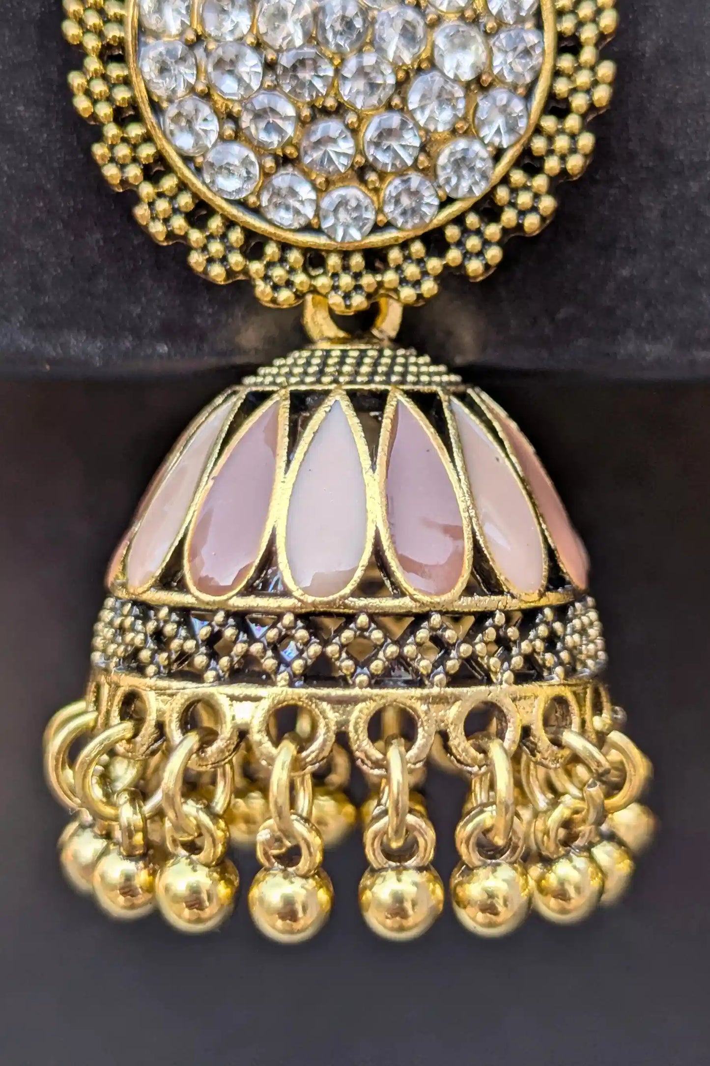 Golden and Champagne Jhumkay for Girls – Traditional Earrings with White Pearl Detailing