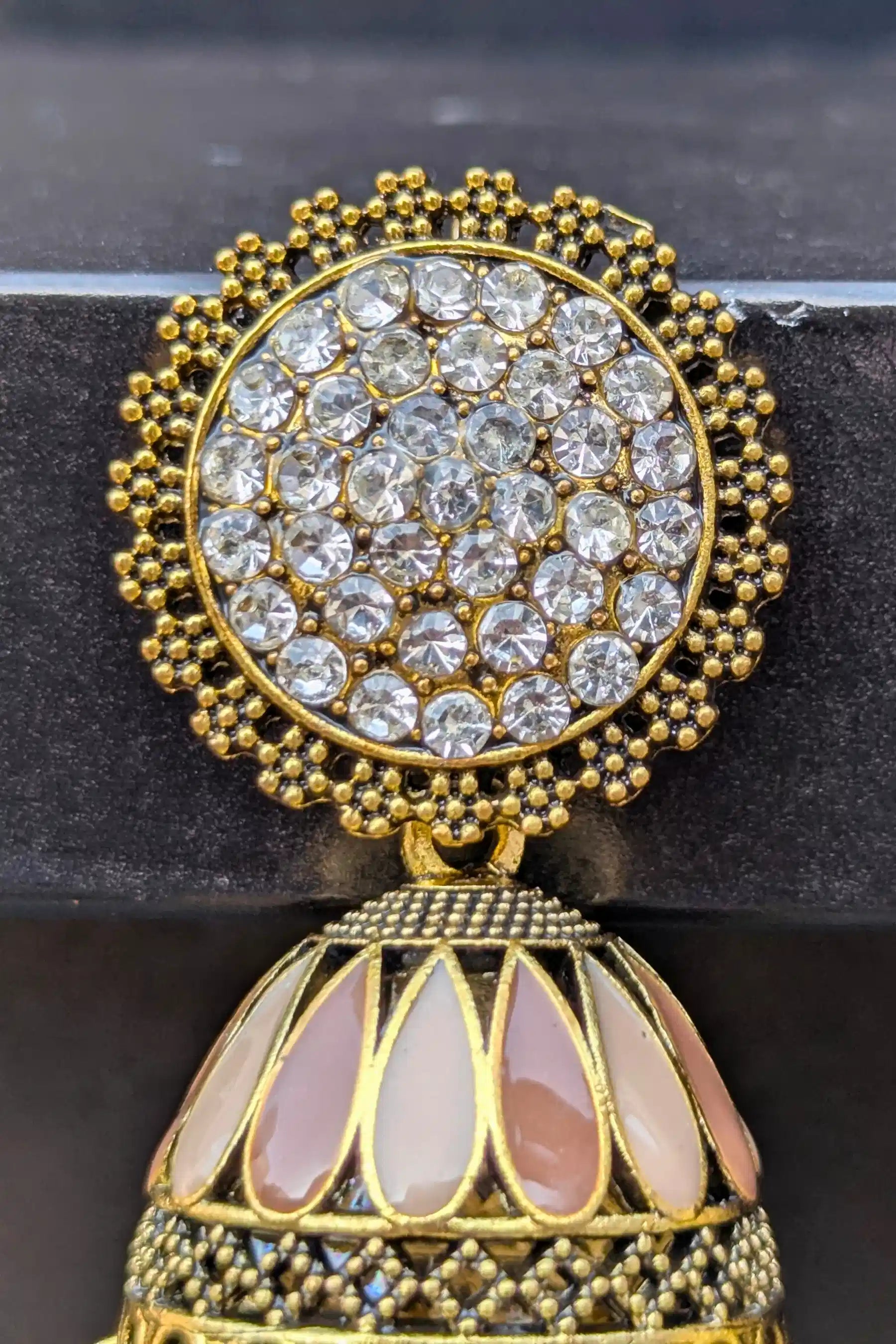 Golden and Champagne Jhumkay for Girls – Traditional Earrings with White Pearl Detailing