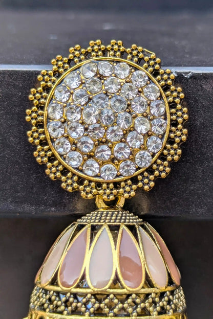 Golden and Champagne Jhumkay for Girls – Traditional Earrings with White Pearl Detailing
