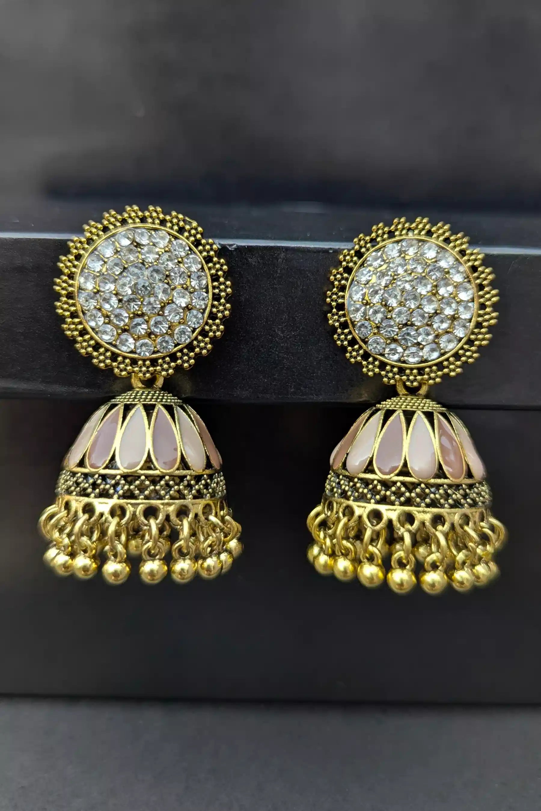 Golden and Champagne Jhumkay for Girls – Traditional Earrings with White Pearl Detailing