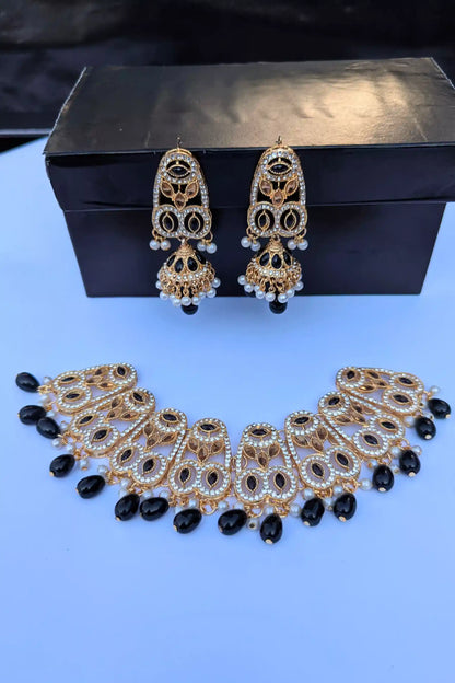 Elegant Black Beads Necklace Set With Matching Jhumka Earrings