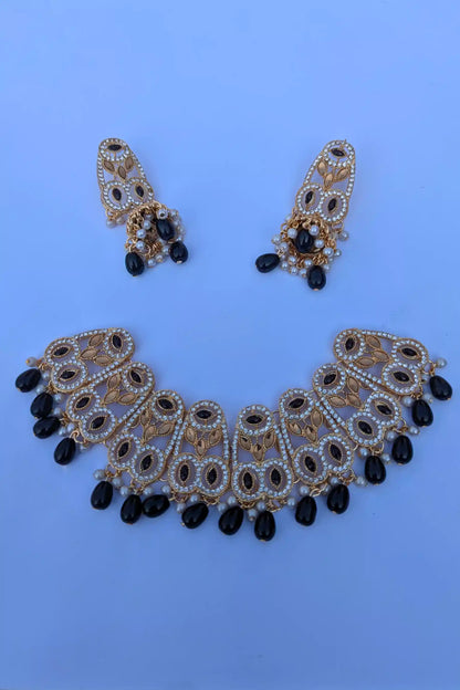 Elegant Black Beads Necklace Set With Matching Jhumka Earrings