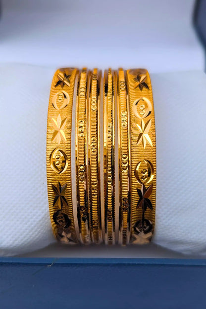 Golden Engraved Bangles Set – 2 Karray + 4 Bangles