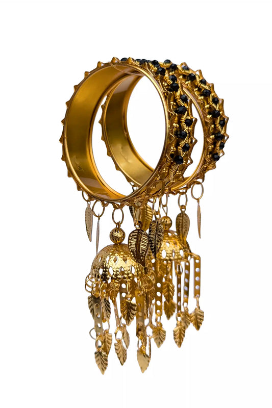 Golden Jhumka Bangles With Black Pearls