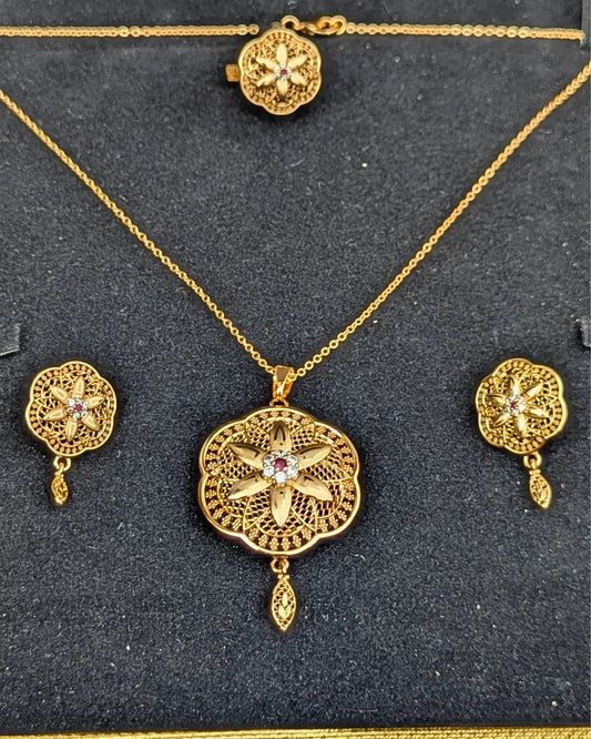 Golden Color Locket Set with Earrings and Ring – Jewelry for Women