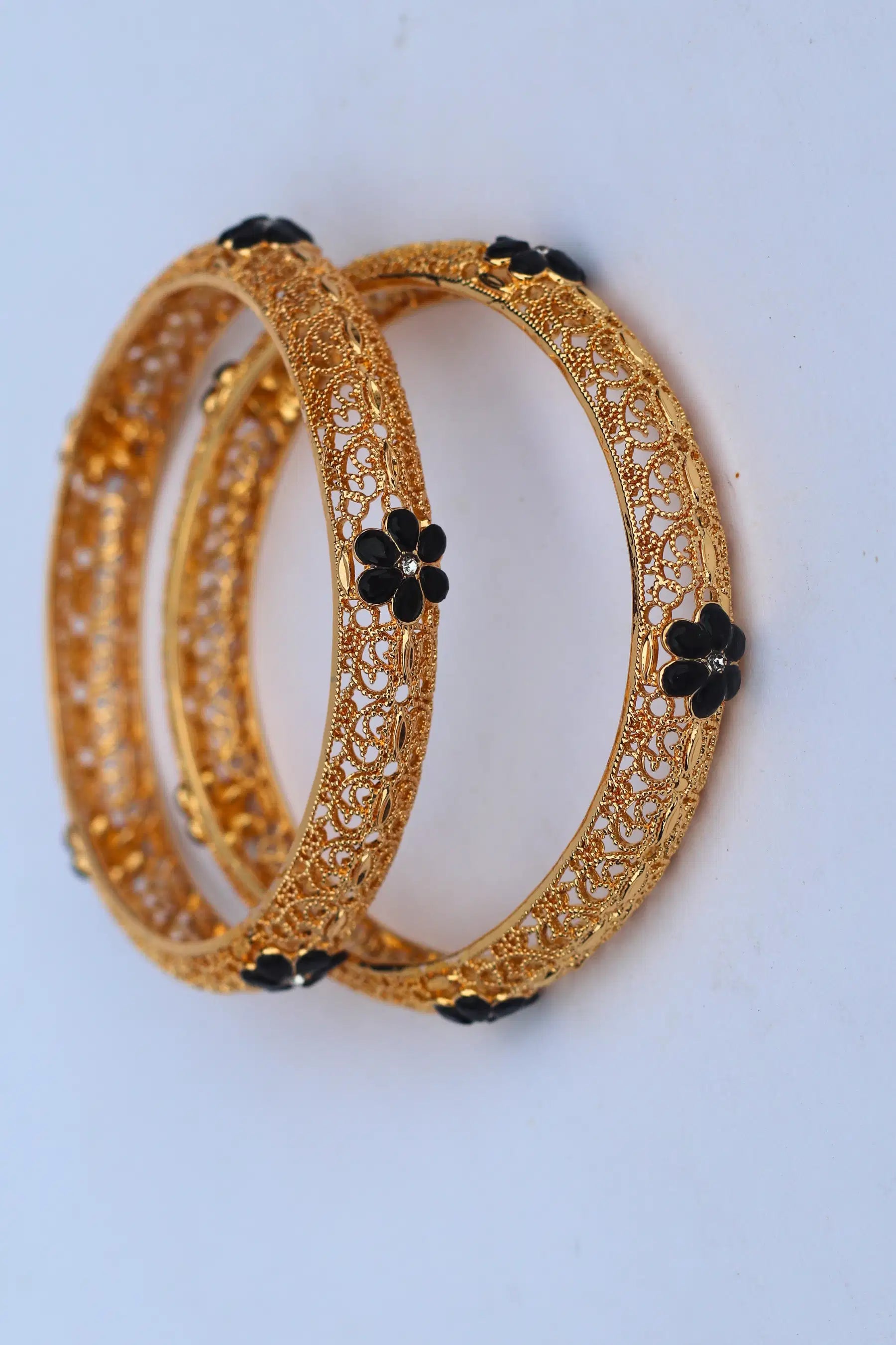 Golden Karray – Bangles for Girls with Black Flower Design side view