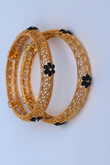 Golden Karray – Bangles for Girls with Black Flower Design side view