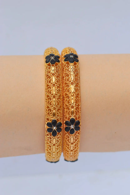 Golden Karray – Bangles for Girls with Black Flower Design on hand