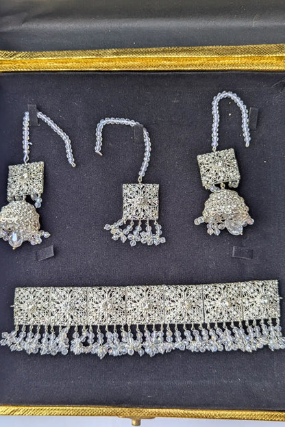 Silver Necklace Set for Girls – With Jhumkay and Matha Patti