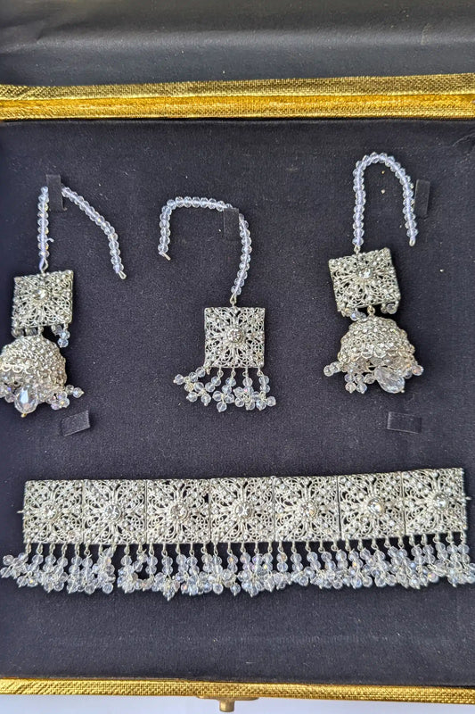 Silver Necklace Set for Girls – With Jhumkay and Matha Patti