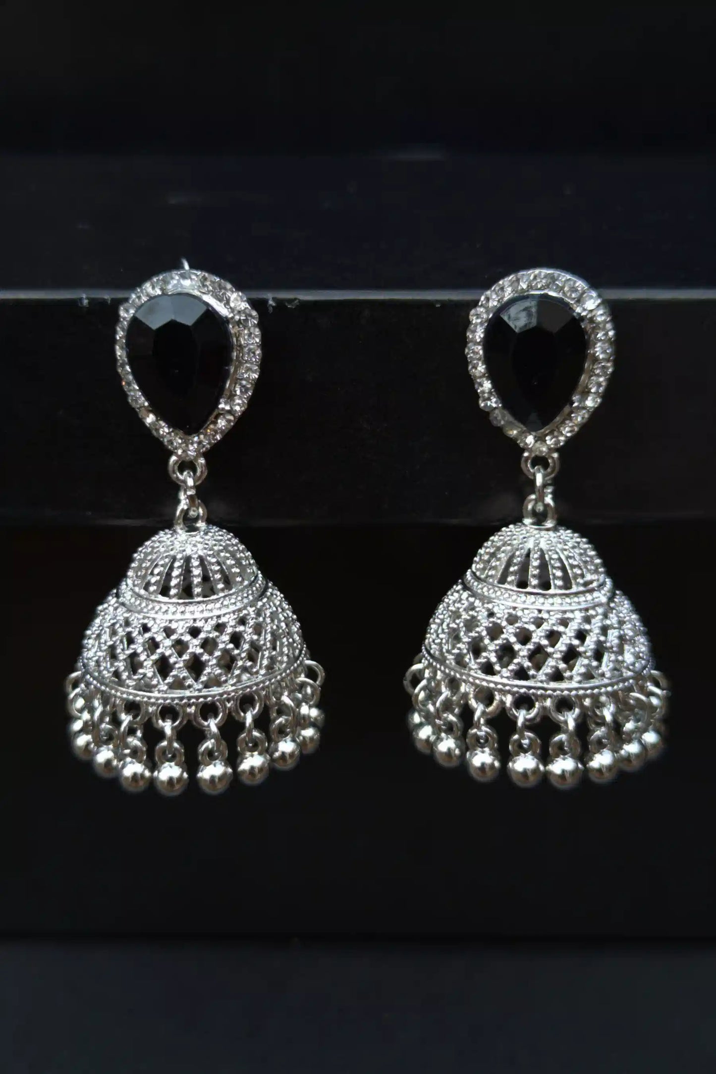 Elegant Silver Jhumkay with Stunning Black Stone:&nbsp;Valentina Jewelry