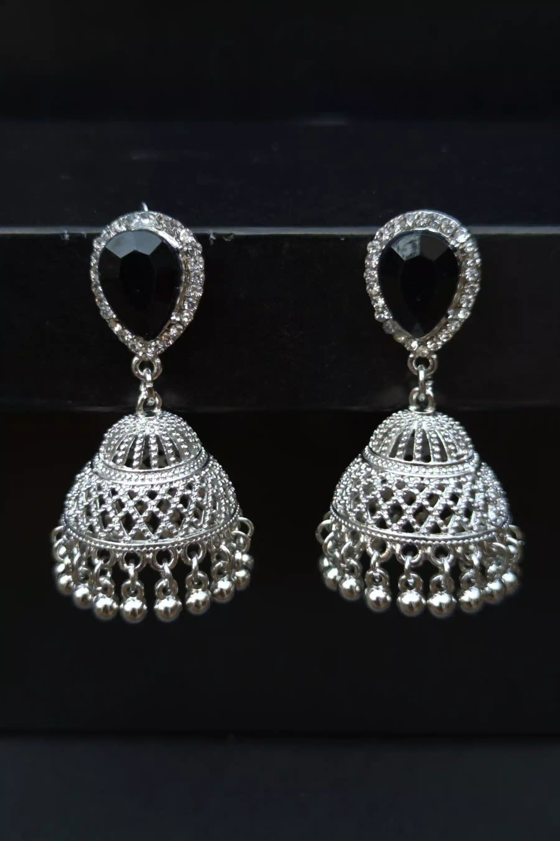 Elegant Silver Jhumkay with Stunning Black Stone:&nbsp;Valentina Jewelry