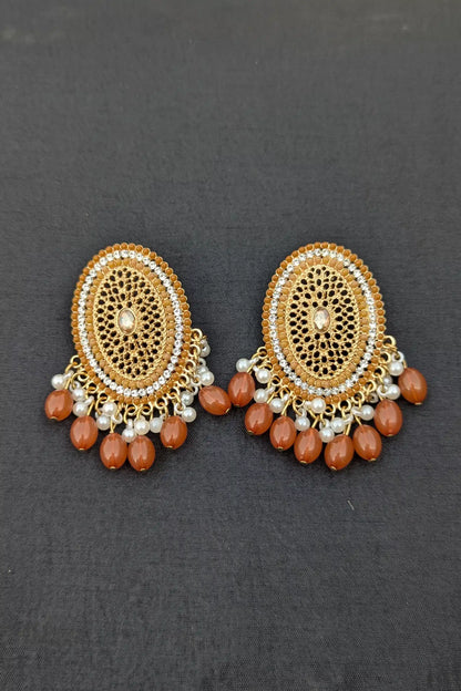 Elegant Golden Jhumka Earrings for Girls – Pearl and Brown Bead Detailing