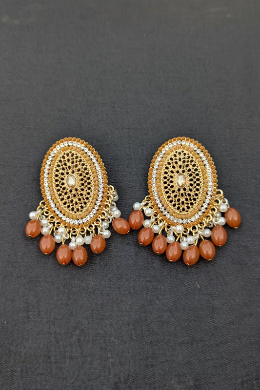 Elegant Golden Jhumka Earrings for Girls – Pearl and Brown Bead Detailing