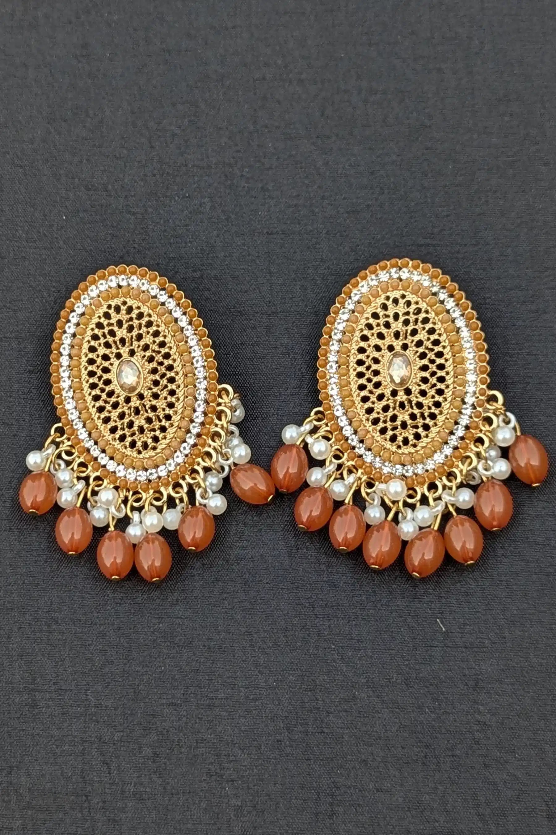 Pair of gold and brown earrings on a dark background