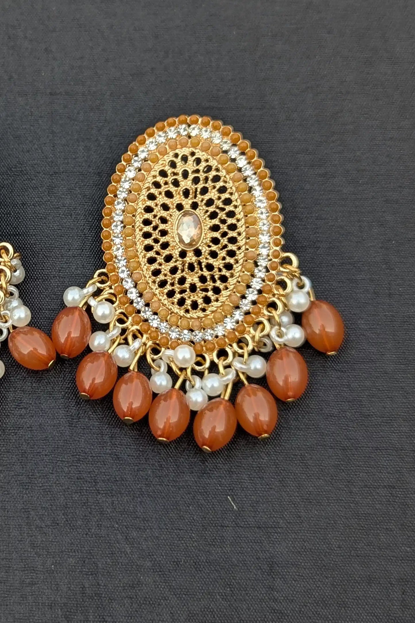 Elegant Golden Jhumka Earrings for Girls – Pearl and Brown Bead Detailing