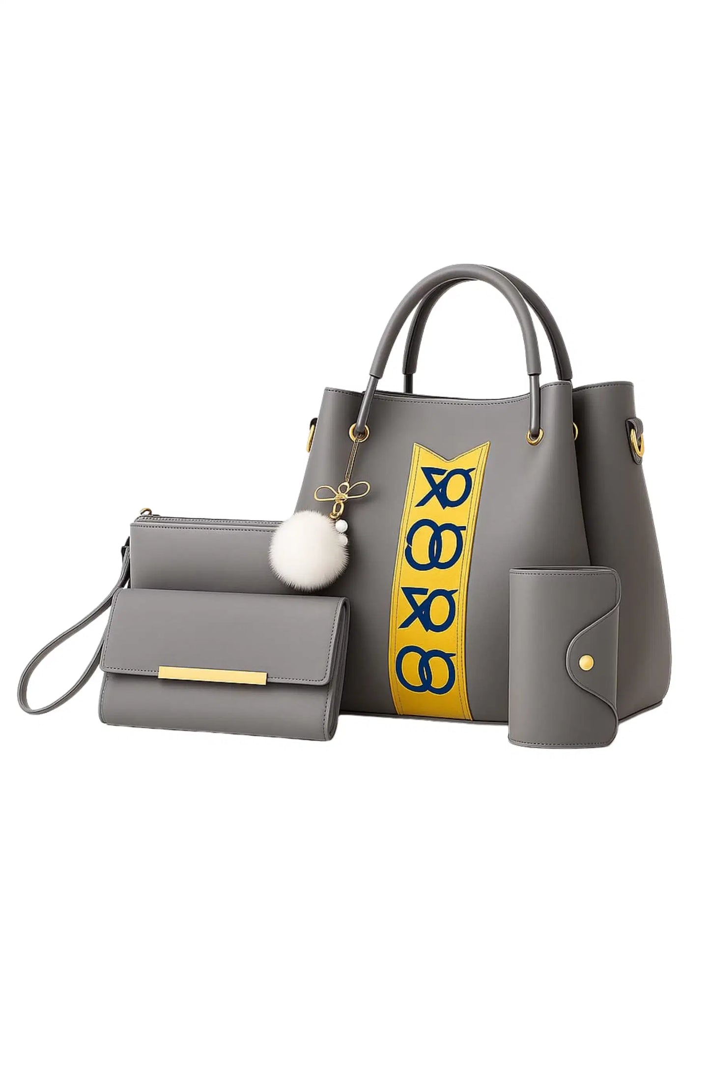 Gray handbag with a yellow and blue strap on a white background